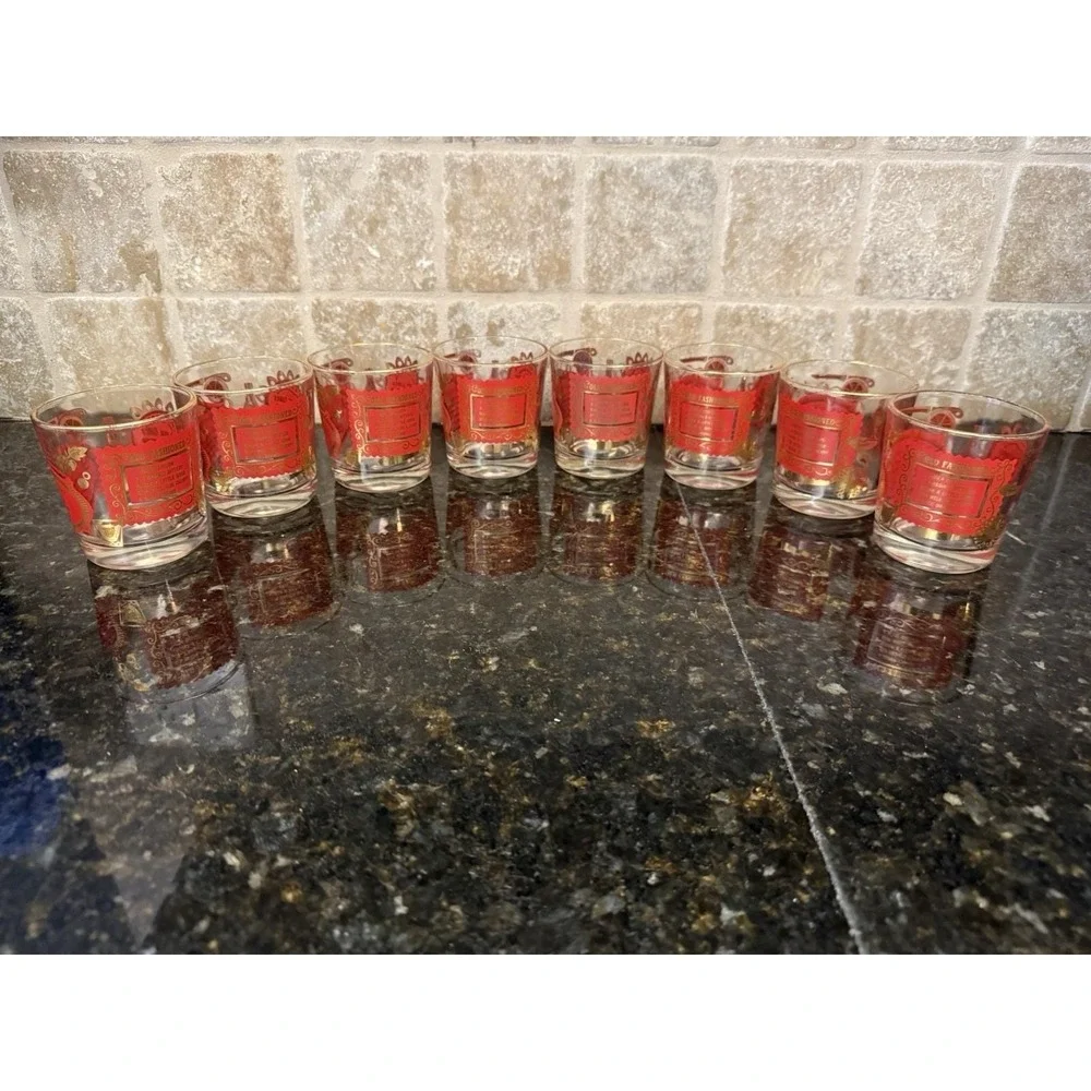 8 VTG Mid Century Modern Red Gold Whiskey Sour Old‎ Fashioned Bourbon Glasses